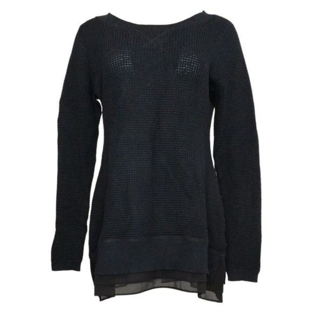 LOGO by Lori Goldstein Black‎ Waffle Knit Sweater Chiffon Hem Size L